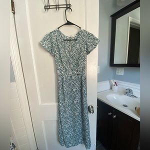 green floral faux wrap dress
